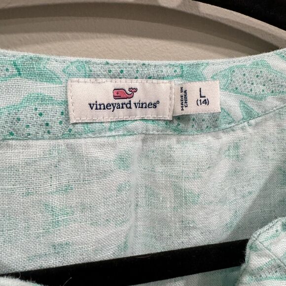 Vineyard Vines 100% Linen Girl's L Top Aqua Blue Fish Pattern 3/4 Sleeve - Picture 4 of 11